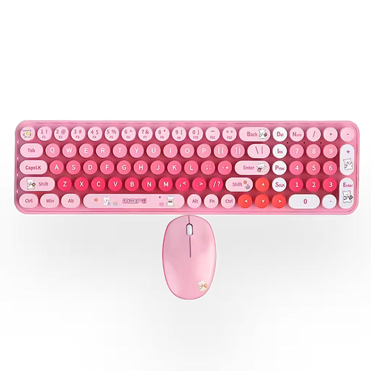 Combo Teclado y Mouse Inalámbrico Baby Bear - Rosado | 100 Teclas Redondas Retro Multicolor | 10m | 2.4G