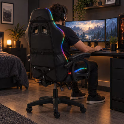 Silla Gamer JIQIAO Reclinable RGB – Iluminación LED Perimetral | Control Remoto 24 Botones | Reclinable 90–135° | Reposabrazos Articulados | Altura Ajustable