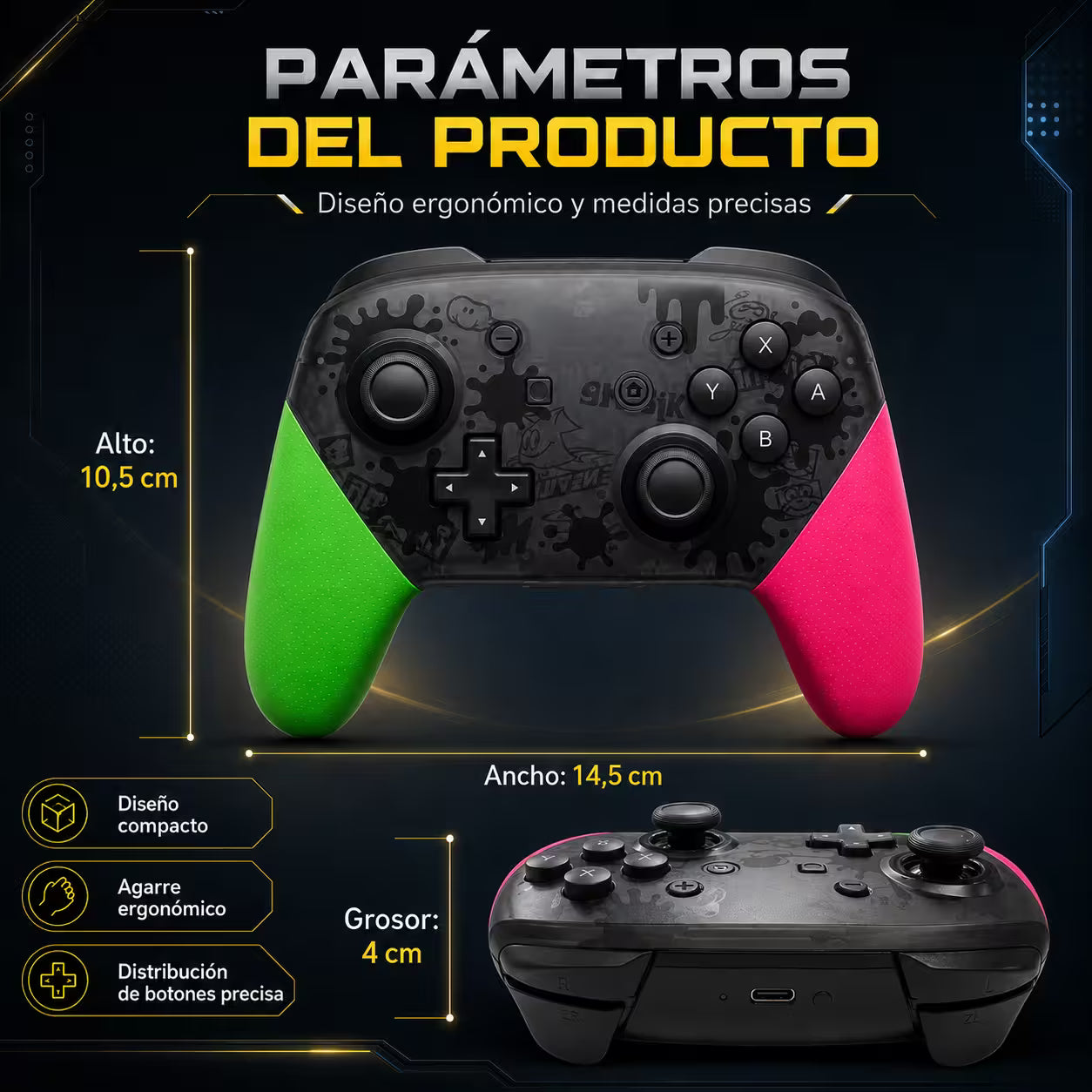 Control Pro Genérico Nintendo Switch - Edición Splatoon 2 | Bluetooth Vibración Dual Giroscopio | 8H