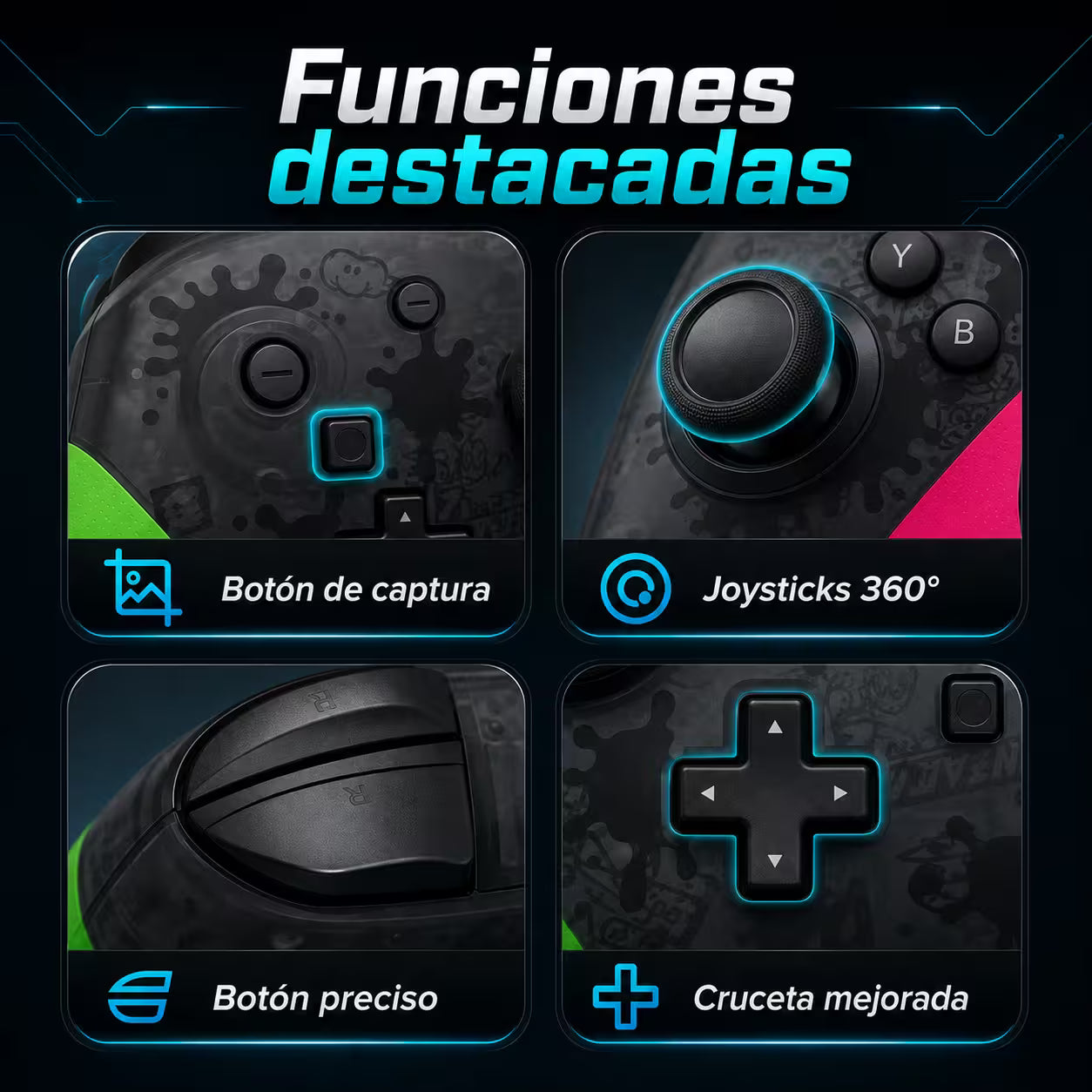 Control Pro Genérico Nintendo Switch - Edición Splatoon 2 | Bluetooth Vibración Dual Giroscopio | 8H