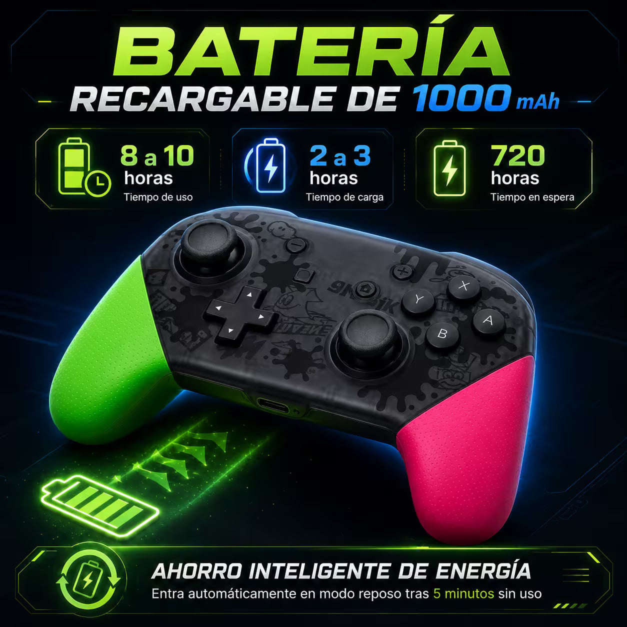 Control Pro Genérico Nintendo Switch - Edición Splatoon 2 | Bluetooth Vibración Dual Giroscopio | 8H