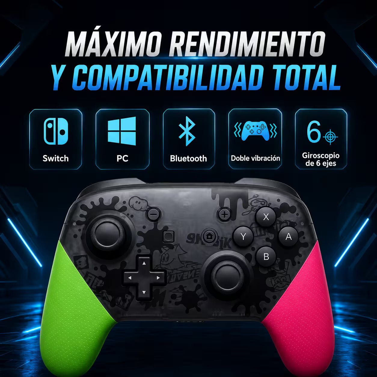 Control Pro Genérico Nintendo Switch - Edición Splatoon 2 | Bluetooth Vibración Dual Giroscopio | 8H