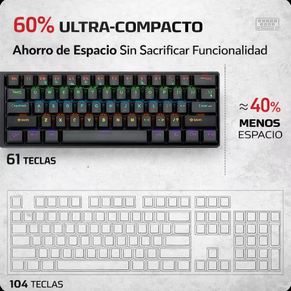 Teclado Mecánico T-Wolf T60 60% RGB  Azul-Blanco - Switches Azules Anti-Ghosting USB-C