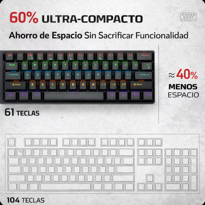 Teclado Mecánico T-Wolf T60 60% RGB  Azul-Blanco - Switches Azules Anti-Ghosting USB-C