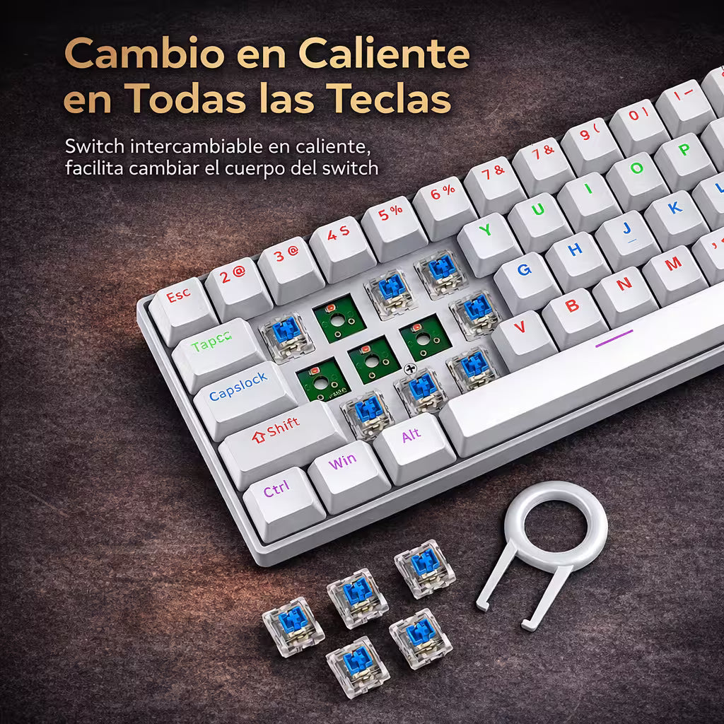 Teclado Mecánico T-Wolf T60 60% RGB  Azul-Blanco - Switches Azules Anti-Ghosting USB-C