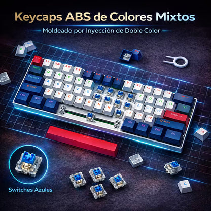 Teclado Mecánico T-Wolf T60 60% RGB  Azul-Blanco - Switches Azules Anti-Ghosting USB-C