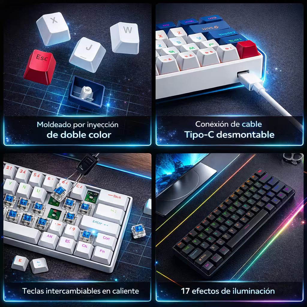 Teclado Mecánico T-Wolf T60 60% RGB  Azul-Blanco - Switches Azules Anti-Ghosting USB-C