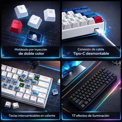 Teclado Mecánico T-Wolf T60 60% RGB  Azul-Blanco - Switches Azules Anti-Ghosting USB-C