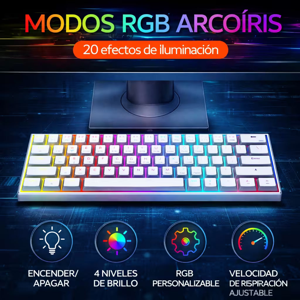 Teclado Mecánico T-Wolf T60 60% RGB  Azul-Blanco - Switches Azules Anti-Ghosting USB-C