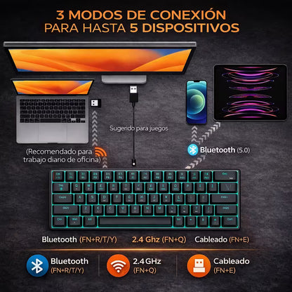Teclado Mecánico T-Wolf T60 60% RGB  Azul-Blanco - Switches Azules Anti-Ghosting USB-C