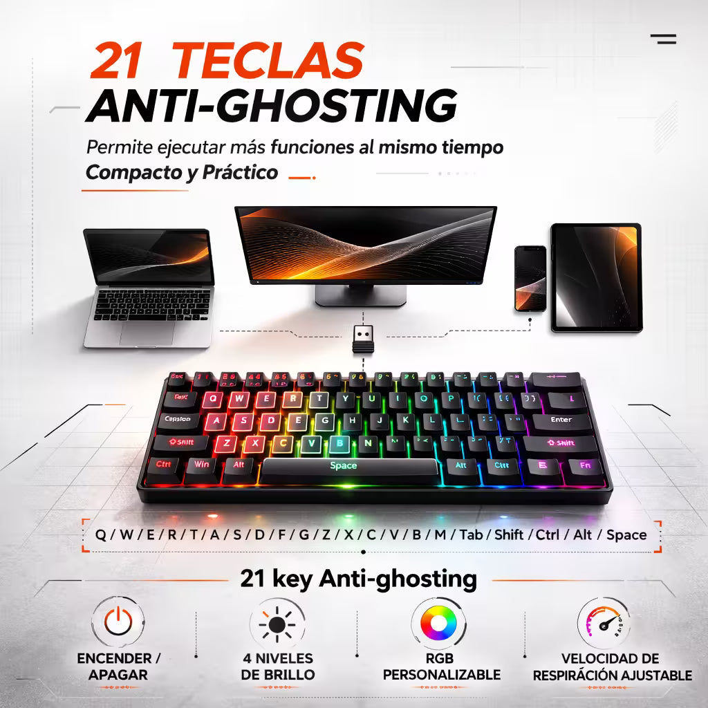 Teclado Mecánico T-Wolf T60 60% RGB  Azul-Blanco - Switches Azules Anti-Ghosting USB-C