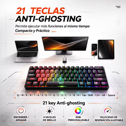 Teclado Mecánico T-Wolf T60 60% RGB  Azul-Blanco - Switches Azules Anti-Ghosting USB-C