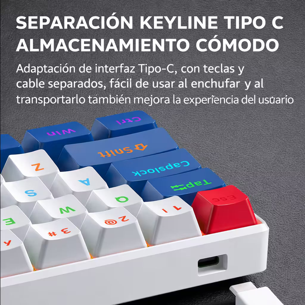 Teclado Mecánico T-Wolf T60 60% RGB  Azul-Blanco - Switches Azules Anti-Ghosting USB-C