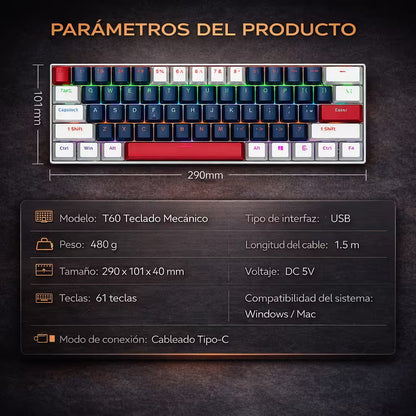 Teclado Mecánico T-Wolf T60 60% RGB  Azul-Blanco - Switches Azules Anti-Ghosting USB-C