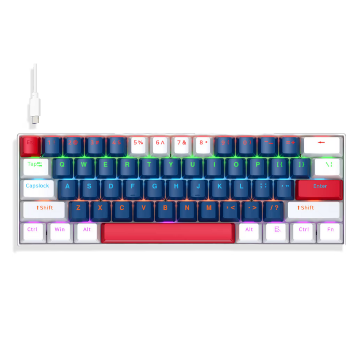 Teclado Mecánico T-Wolf T60 60% RGB  Azul-Blanco - Switches Azules Anti-Ghosting USB-C
