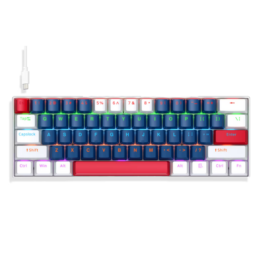 Teclado Mecánico T-Wolf T60 60% RGB  Azul-Blanco - Switches Azules Anti-Ghosting USB-C