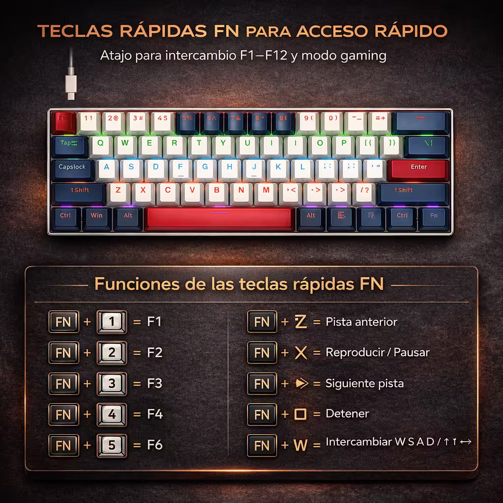 Teclado Mecánico T-Wolf T60 60% RGB  Azul-Blanco - Switches Azules Anti-Ghosting USB-C