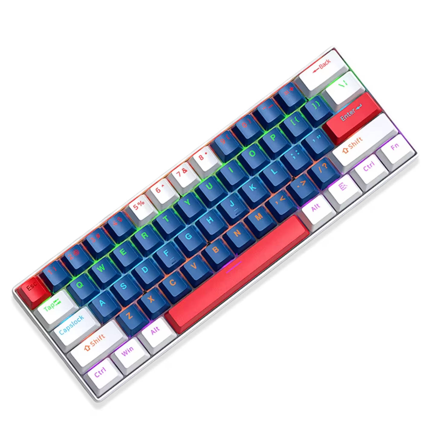 Teclado Mecánico T-Wolf T60 60% RGB  Azul-Blanco - Switches Azules Anti-Ghosting USB-C