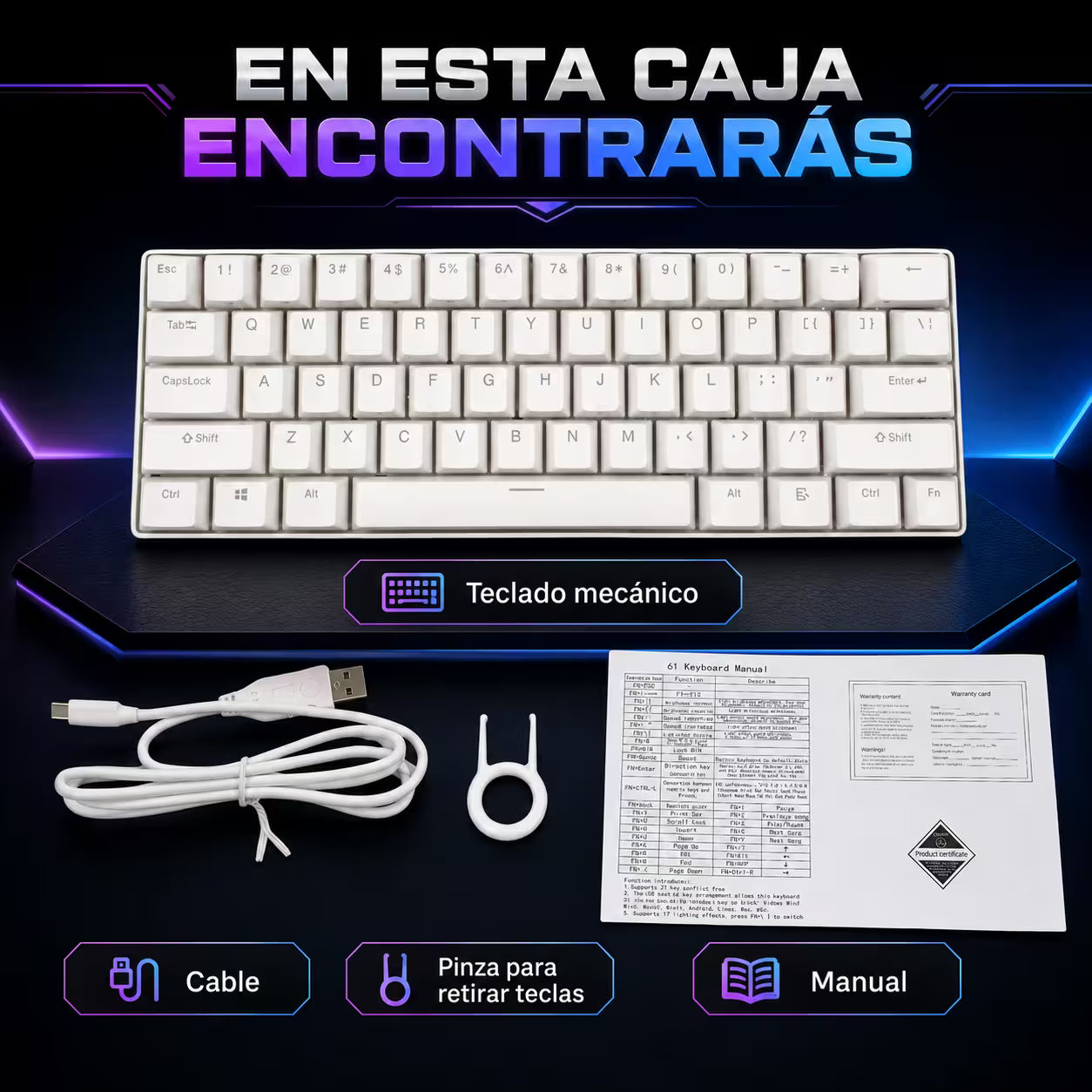 Teclado Mecánico T-Wolf T60 60% RGB Blanco - Switches Azules Anti-Ghosting USB-C