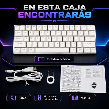 Teclado Mecánico T-Wolf T60 60% RGB Blanco - Switches Azules Anti-Ghosting USB-C