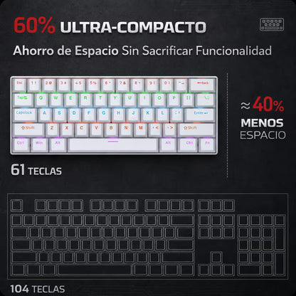 Teclado Mecánico T-Wolf T60 60% RGB Blanco - Switches Azules Anti-Ghosting USB-C
