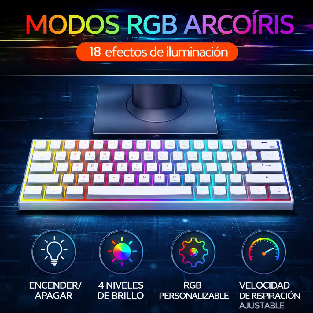 Teclado Mecánico T-Wolf T60 60% RGB Blanco - Switches Azules Anti-Ghosting USB-C
