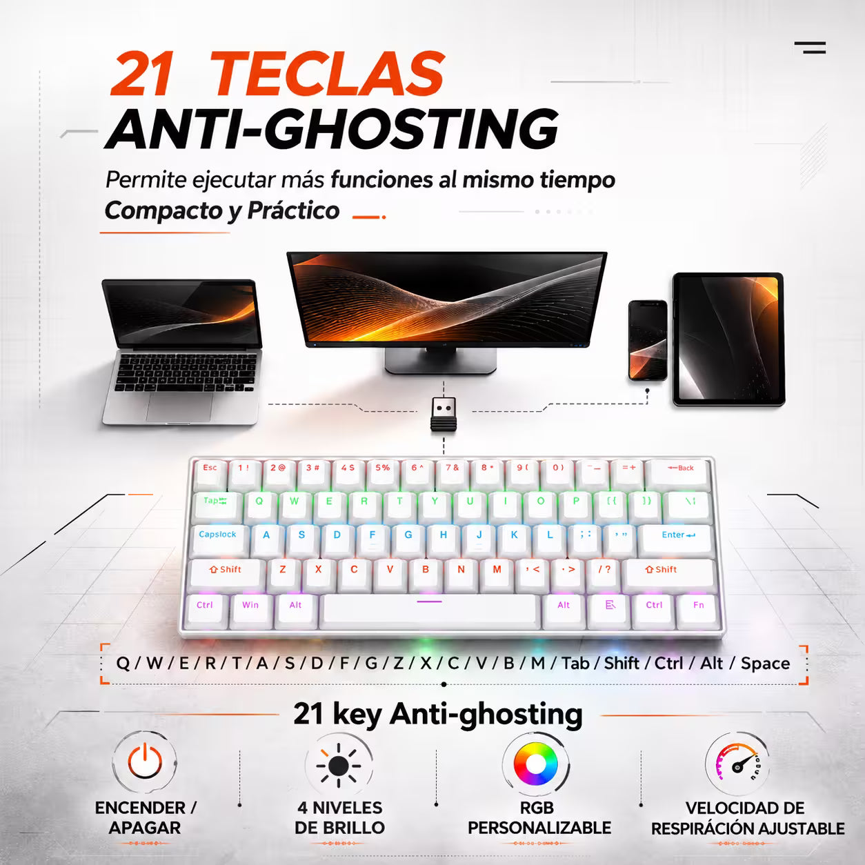 Teclado Mecánico T-Wolf T60 60% RGB Blanco - Switches Azules Anti-Ghosting USB-C