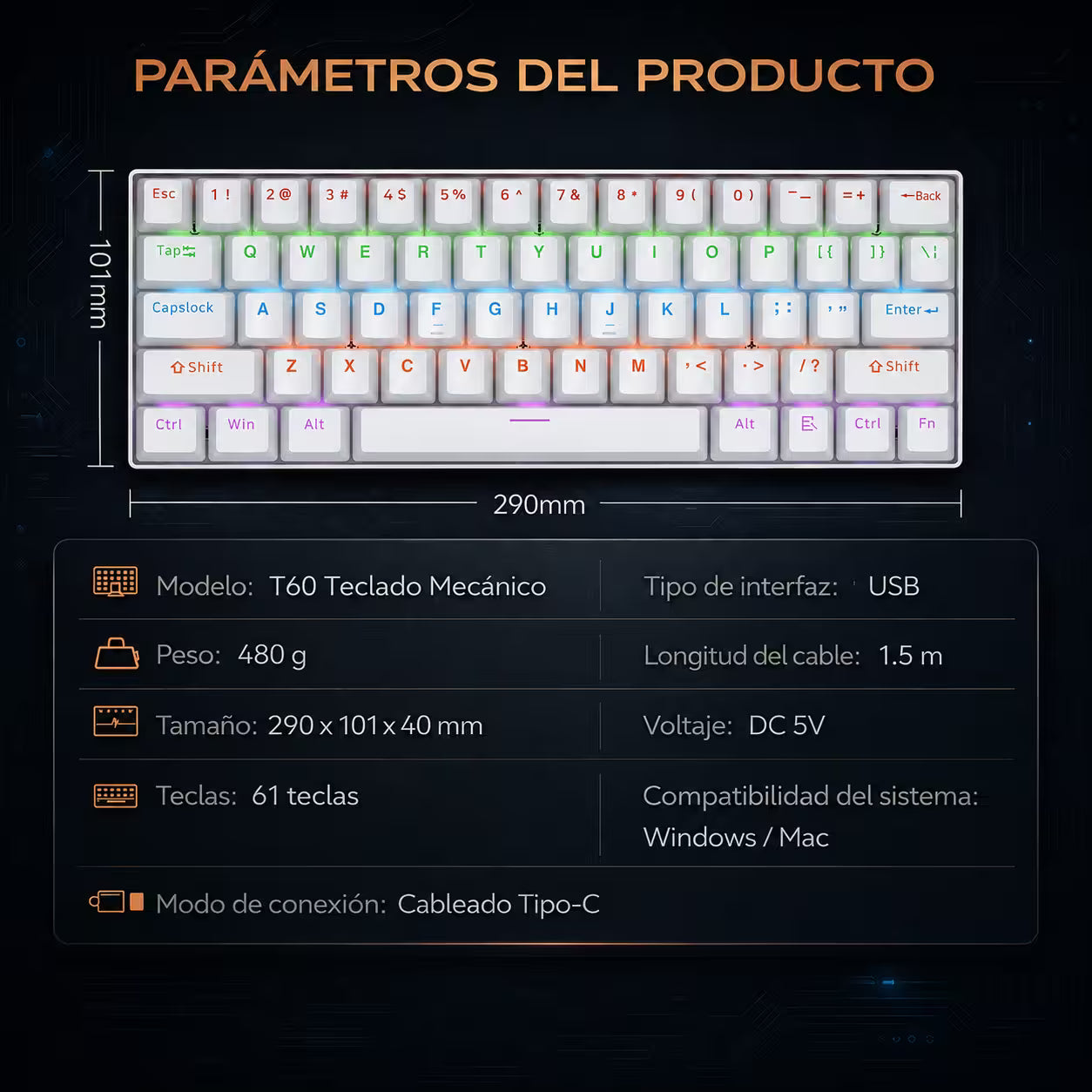 Teclado Mecánico T-Wolf T60 60% RGB Blanco - Switches Azules Anti-Ghosting USB-C