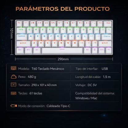 Teclado Mecánico T-Wolf T60 60% RGB Blanco - Switches Azules Anti-Ghosting USB-C