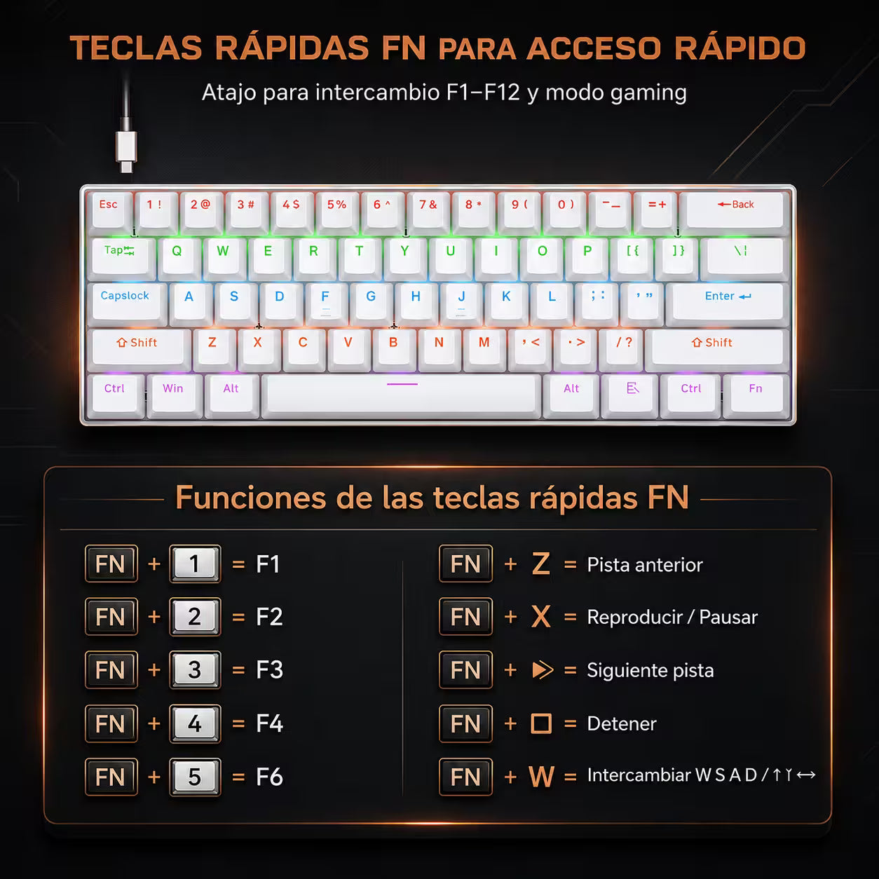 Teclado Mecánico T-Wolf T60 60% RGB Blanco - Switches Azules Anti-Ghosting USB-C