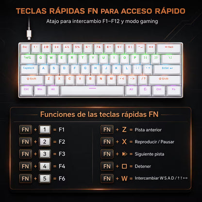 Teclado Mecánico T-Wolf T60 60% RGB Blanco - Switches Azules Anti-Ghosting USB-C