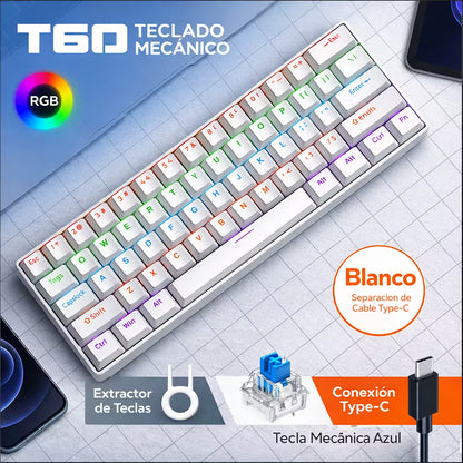 Teclado Mecánico T-Wolf T60 60% RGB Blanco - Switches Azules Anti-Ghosting USB-C
