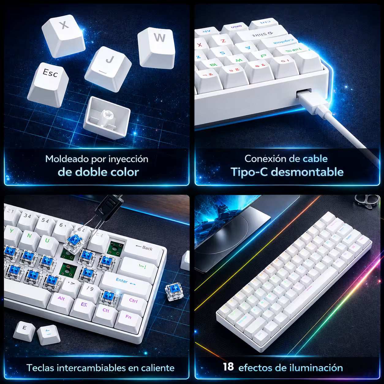 Teclado Mecánico T-Wolf T60 60% RGB Blanco - Switches Azules Anti-Ghosting USB-C