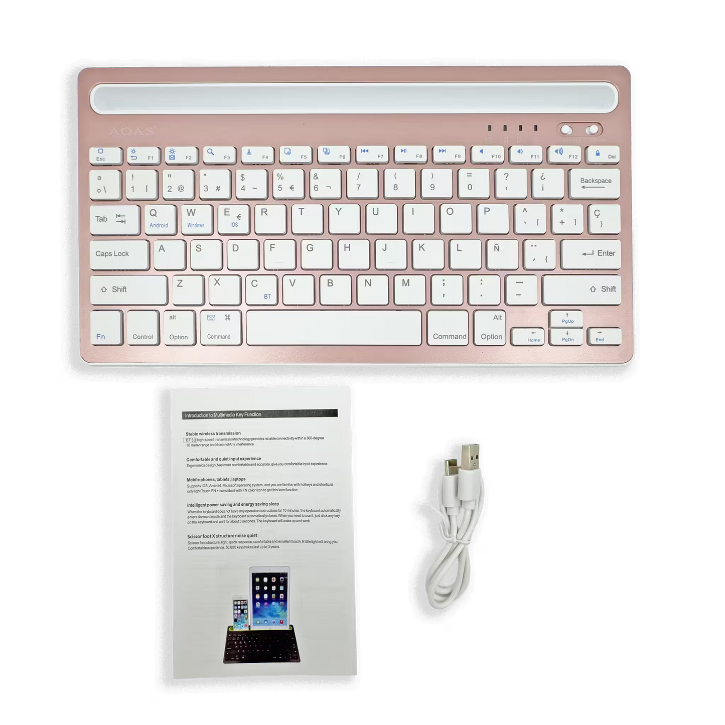 Teclado Inalámbrico Bluetooth Tipo C AOAS AS-199 | Dual Mode, Recargable y Multidispositivo para Tablet/Laptop | ROSADO