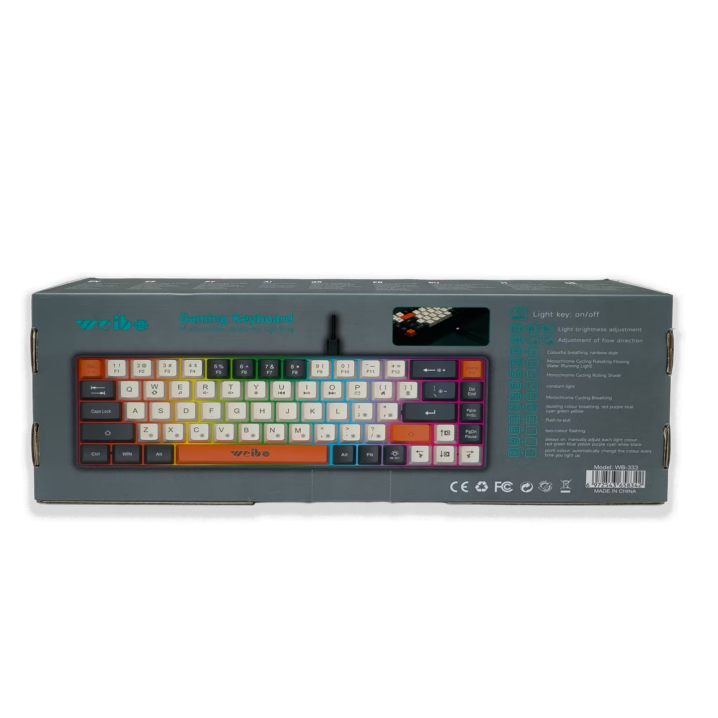 Teclado Gamer Weibo WB-333: Compacto, Cable Tipo-C y Luz Multicolor