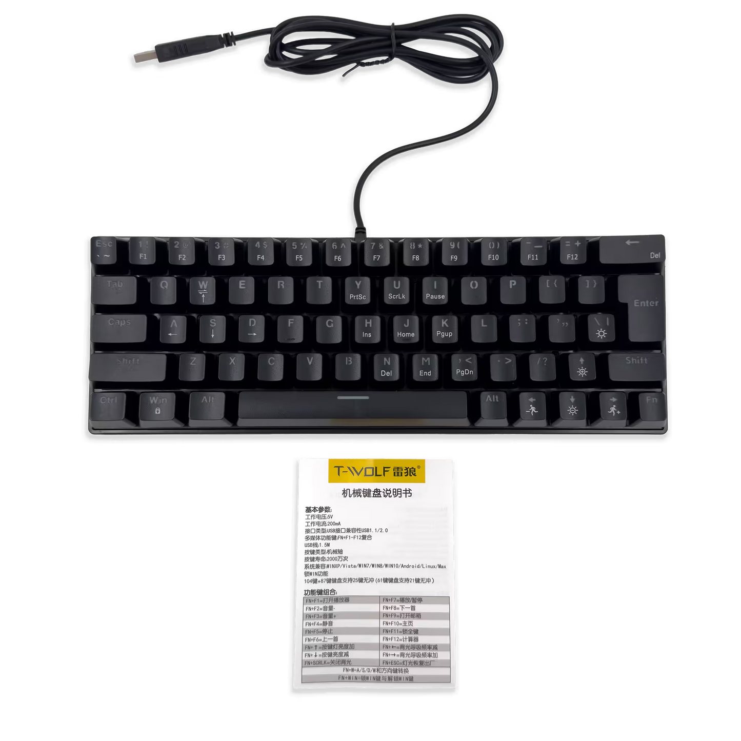 Teclado Mecánico T-Wolf T61 Pro-Gamer | 63 Teclas RGB Anti-Ghosting USB