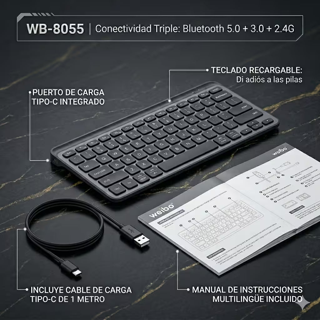 Teclado Inalámbrico Weibo WB-8055 Bluetooth 5.0 - 3 Modos Recargable Multi-Dispositivo