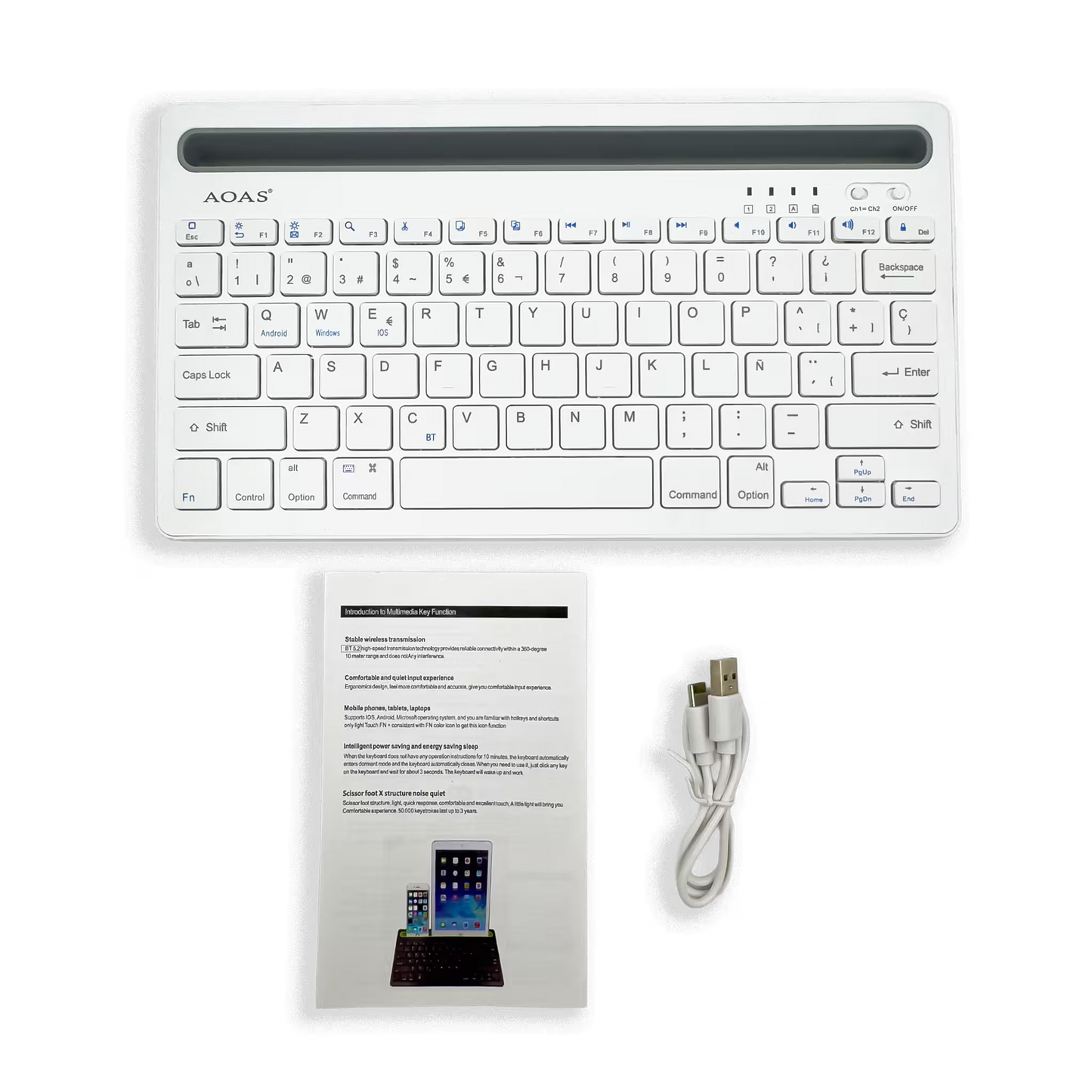 Teclado Inalámbrico Bluetooth Tipo C AOAS AS-199 | Dual Mode, Recargable y Multidispositivo para Tablet/Laptop | BLANCO