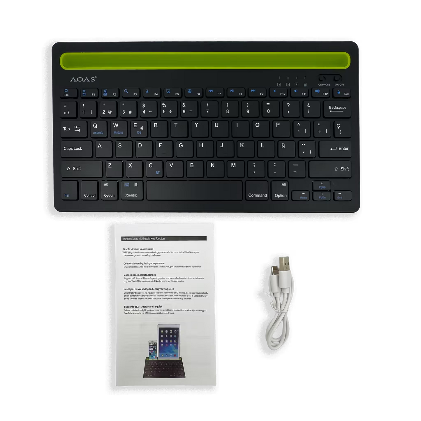 Teclado Inalámbrico Bluetooth Tipo C AOAS AS-199 | Dual Mode, Recargable y Multidispositivo para Tablet/Laptop | NEGRO
