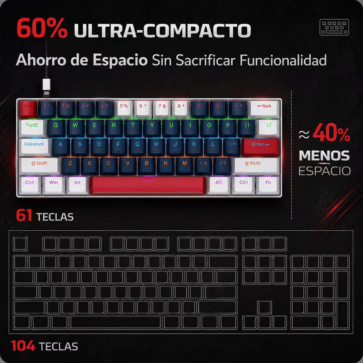 Teclado Mecánico T-Wolf T60 60% RGB  Azul-Blanco - Switches Azules Anti-Ghosting USB-C