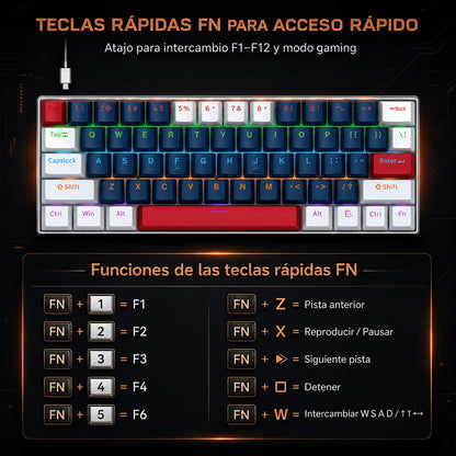 Teclado Mecánico T-Wolf T60 60% RGB  Azul-Blanco - Switches Azules Anti-Ghosting USB-C