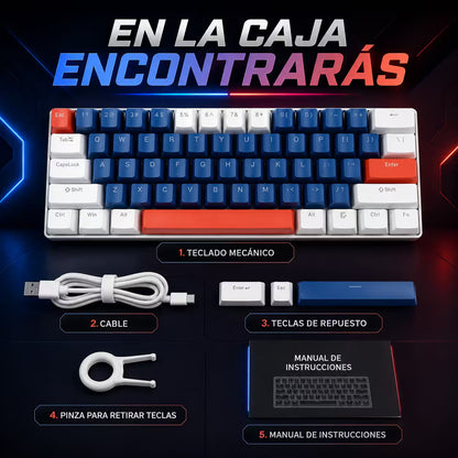 Teclado Mecánico T-Wolf T60 60% RGB  Azul-Blanco - Switches Azules Anti-Ghosting USB-C