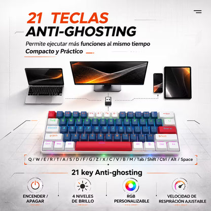 Teclado Mecánico T-Wolf T60 60% RGB  Azul-Blanco - Switches Azules Anti-Ghosting USB-C