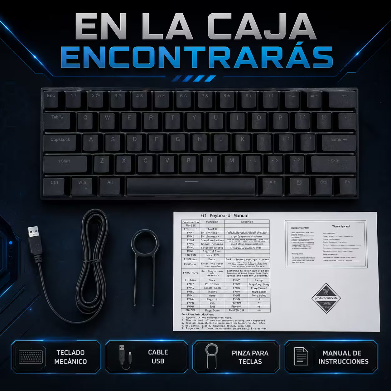 Teclado Mecánico T-Wolf T60 60% RGB Negro - Switches Azules Anti-Ghosting USB-C