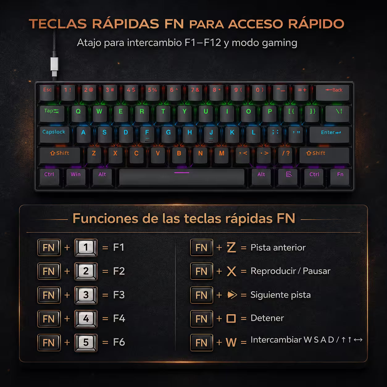 Teclado Mecánico T-Wolf T60 60% RGB Negro - Switches Azules Anti-Ghosting USB-C
