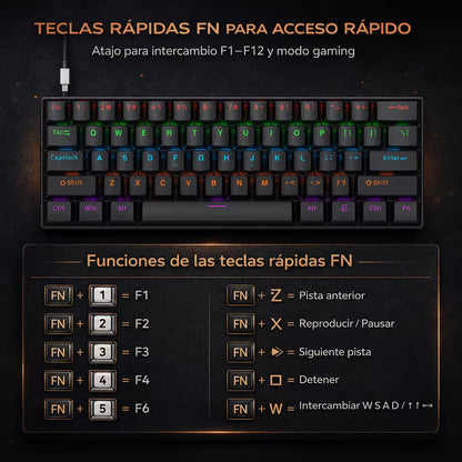 Teclado Mecánico T-Wolf T60 60% RGB Negro - Switches Azules Anti-Ghosting USB-C
