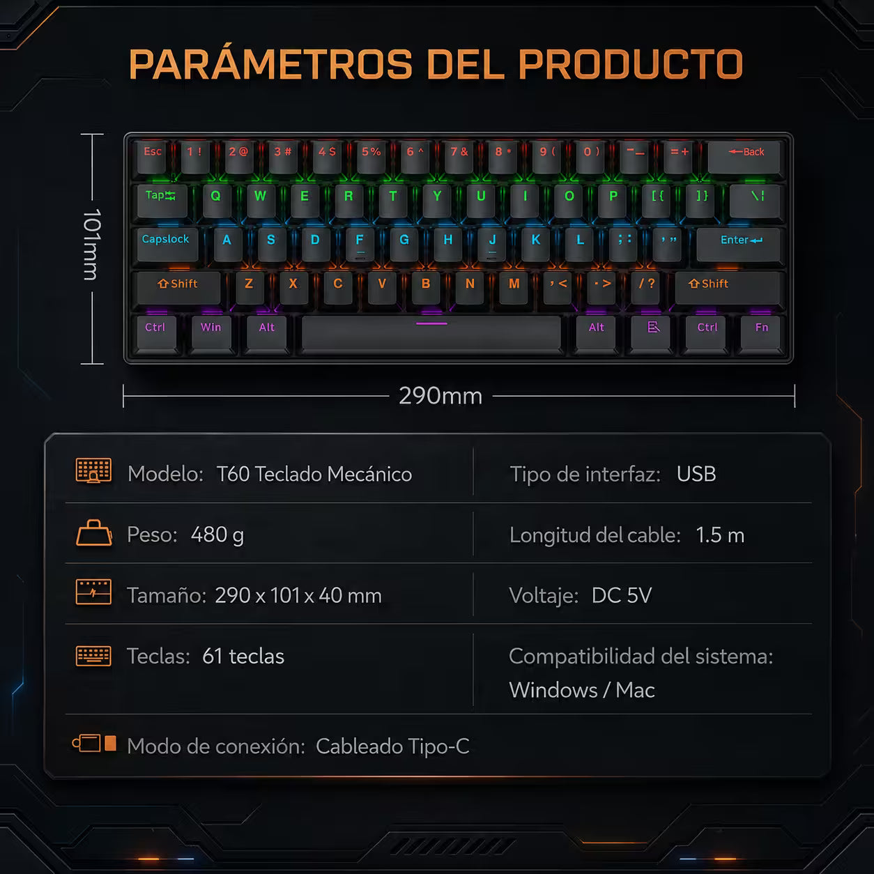 Teclado Mecánico T-Wolf T60 60% RGB Negro - Switches Azules Anti-Ghosting USB-C