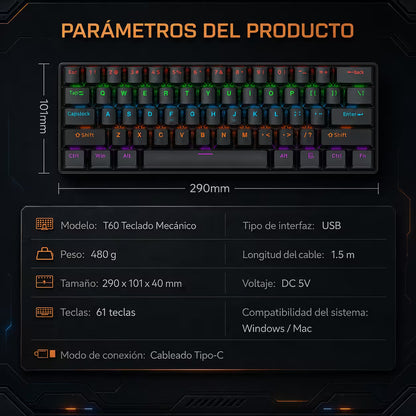 Teclado Mecánico T-Wolf T60 60% RGB Negro - Switches Azules Anti-Ghosting USB-C