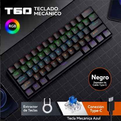 Teclado Mecánico T-Wolf T60 60% RGB Negro - Switches Azules Anti-Ghosting USB-C