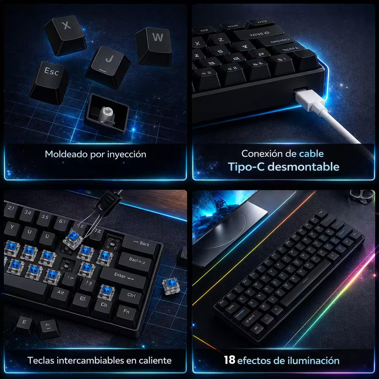 Teclado Mecánico T-Wolf T60 60% RGB Negro - Switches Azules Anti-Ghosting USB-C